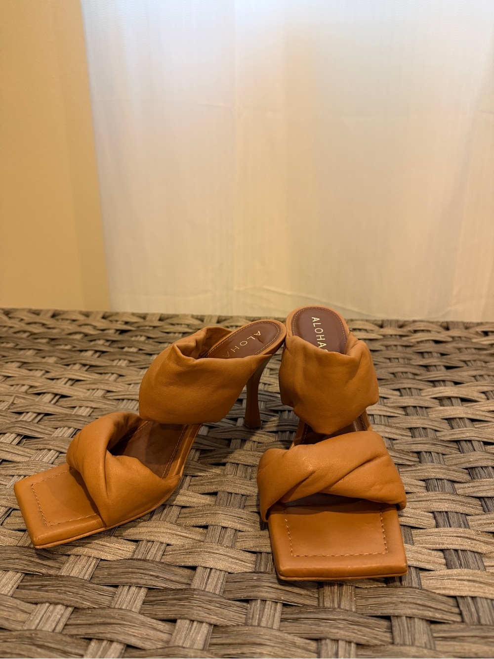 ALOHAS Tan Twisted Strap Square Toe Mule Heels